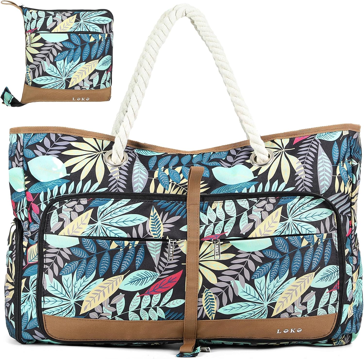 Detalle de Lekespring Strandtasche Damen Groß mit Reißverschluss – Vielseitiger Shopper für Strand, Badetag und Reisekoffer (Blauer Dschungel)
