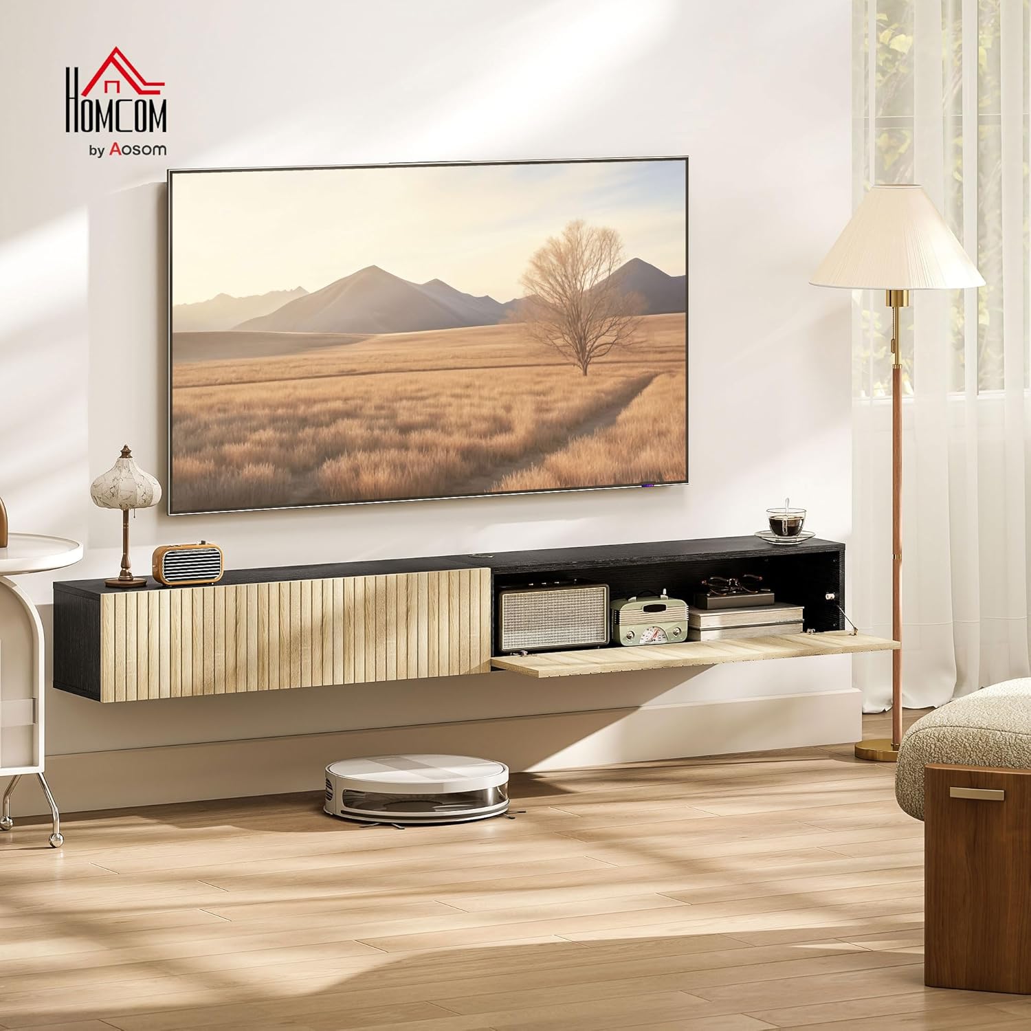 Thumbnail 1 de HOMCOM Meuble TV suspendu flottant 140 cm – Banc TV mural en MDF mélaminé, boise naturel et noir