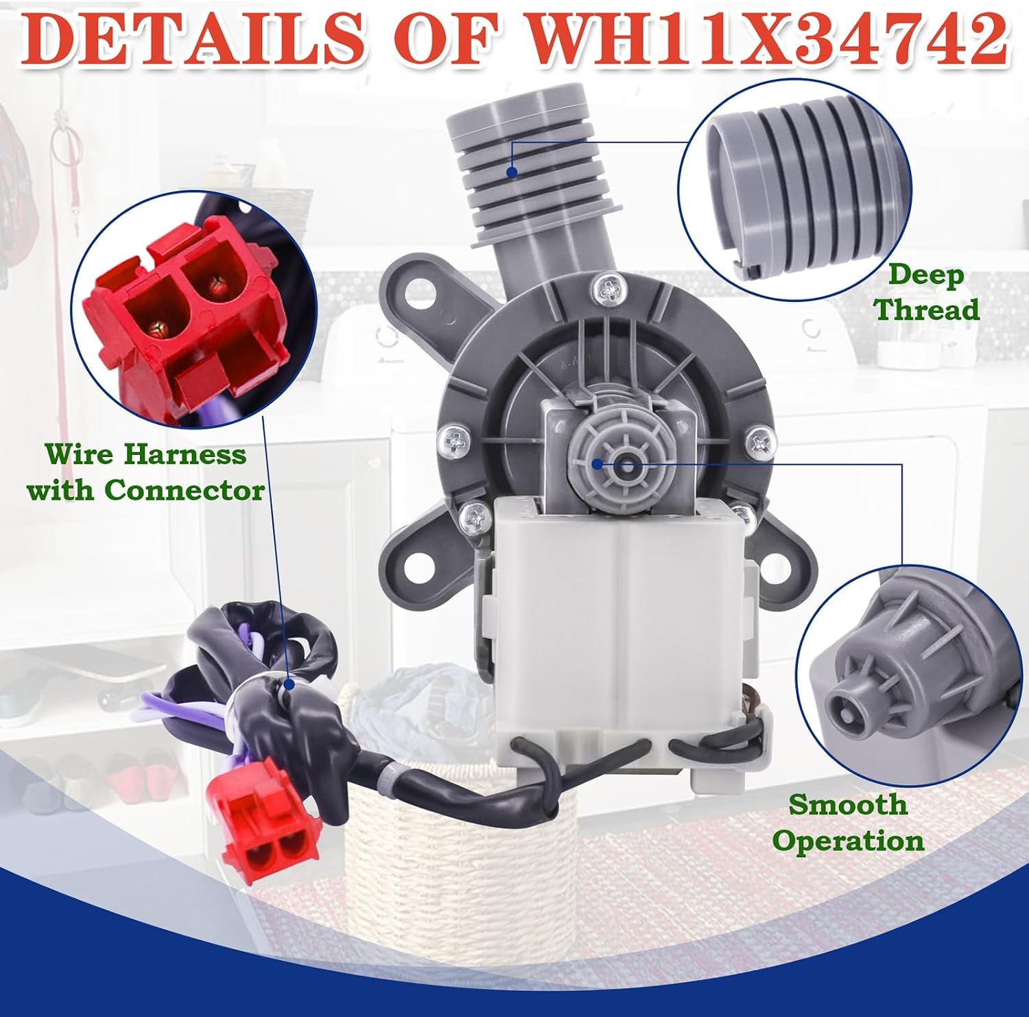 Thumbnail 4 de Bakaoof WH11X34742 Washer Drain Pump, 120V Replacement for Listed Models