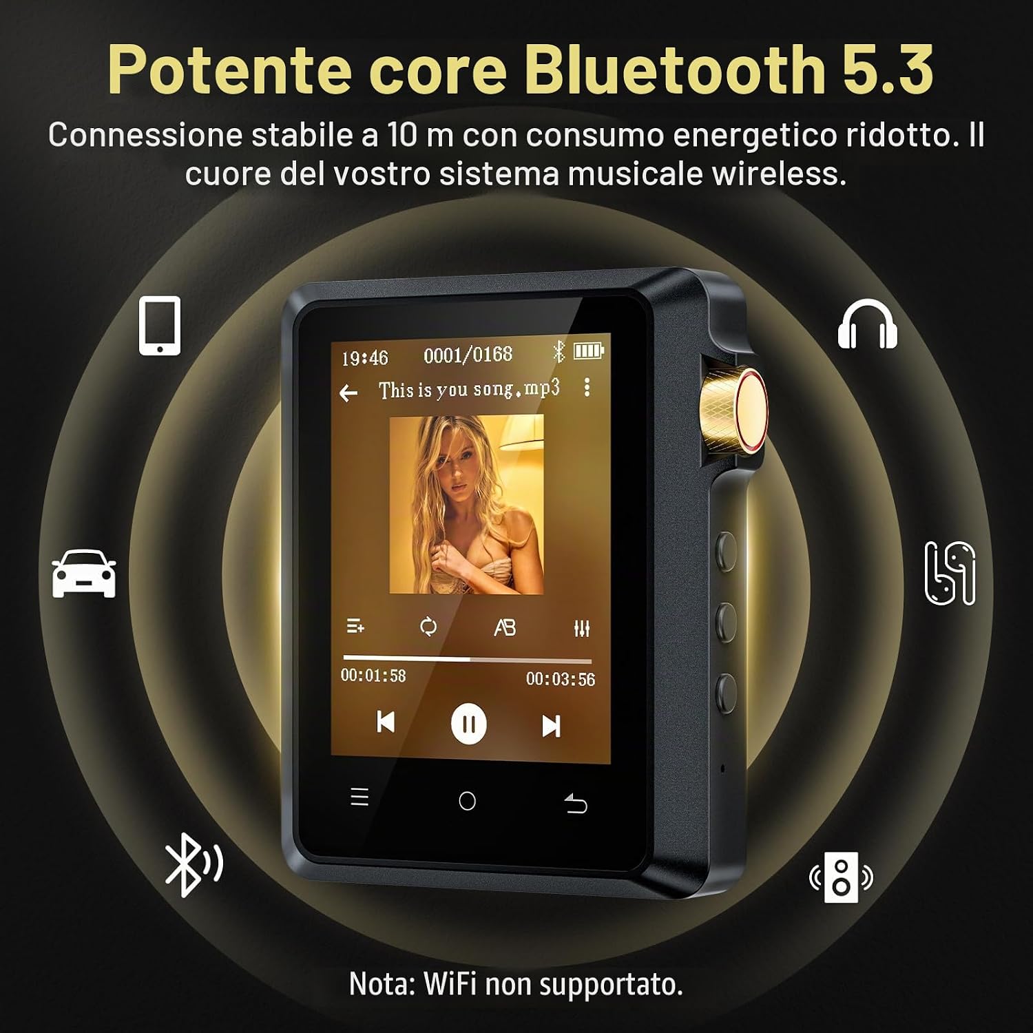 Detalle de AGXOV 64GB Hi-Res Lettore MP3 con Bluetooth 5.3: qualità audio, design in lega e display touch 2,8