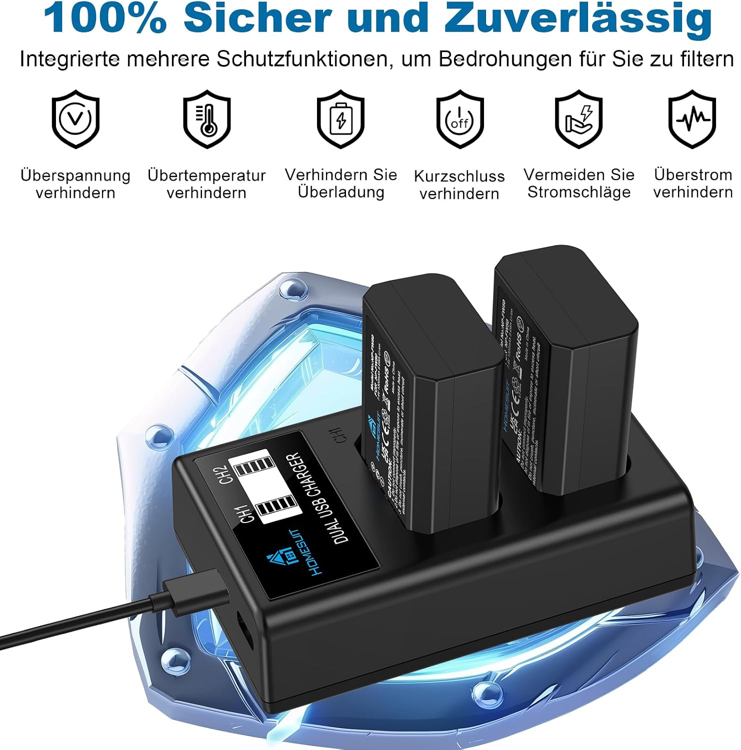 Detalle de Homesuit NP-FW50 Akku-Set (2er-Pack) mit USB LCD Ladegerät – kompatibel mit Sony ZV-E10 und vielen A-, NEX- Modellen