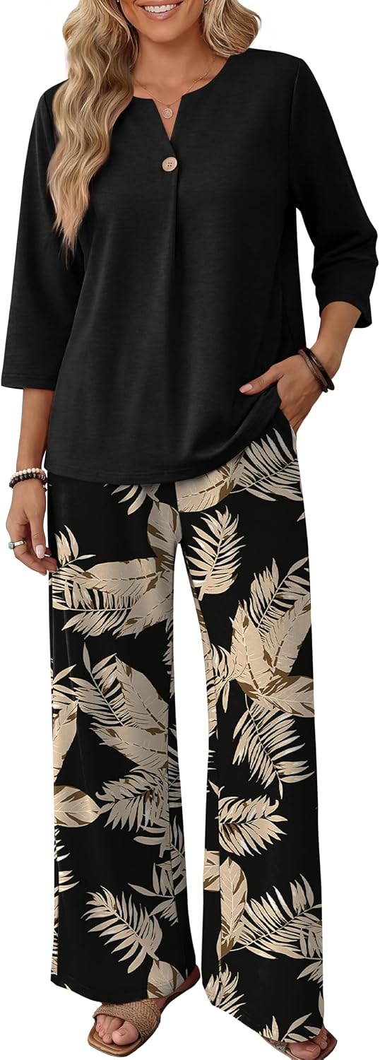 Thumbnail 2 de WIHOLL 2-Piece Women's Lounge Set with 3/4-Sleeve Top and Wide-Leg Pants