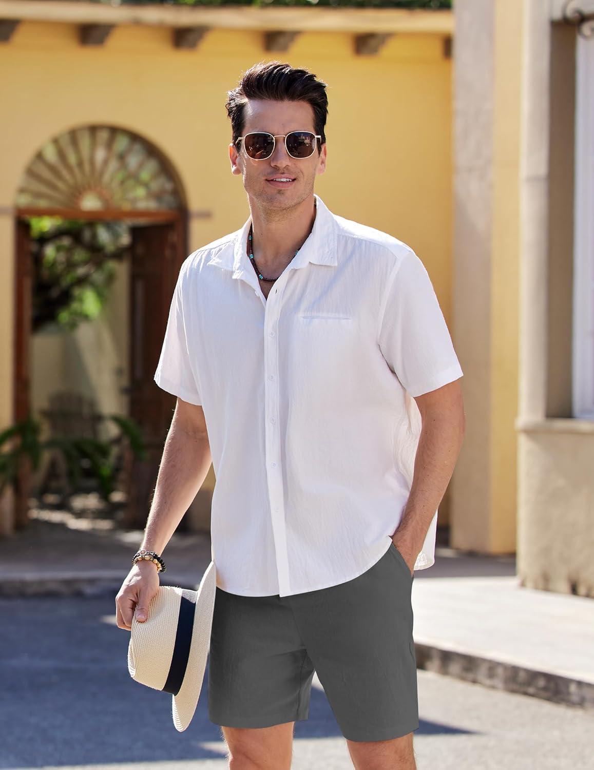 Detalle de COOFANDY Short décontracté pour homme en coton – pantalon court plage avec élastique et poches