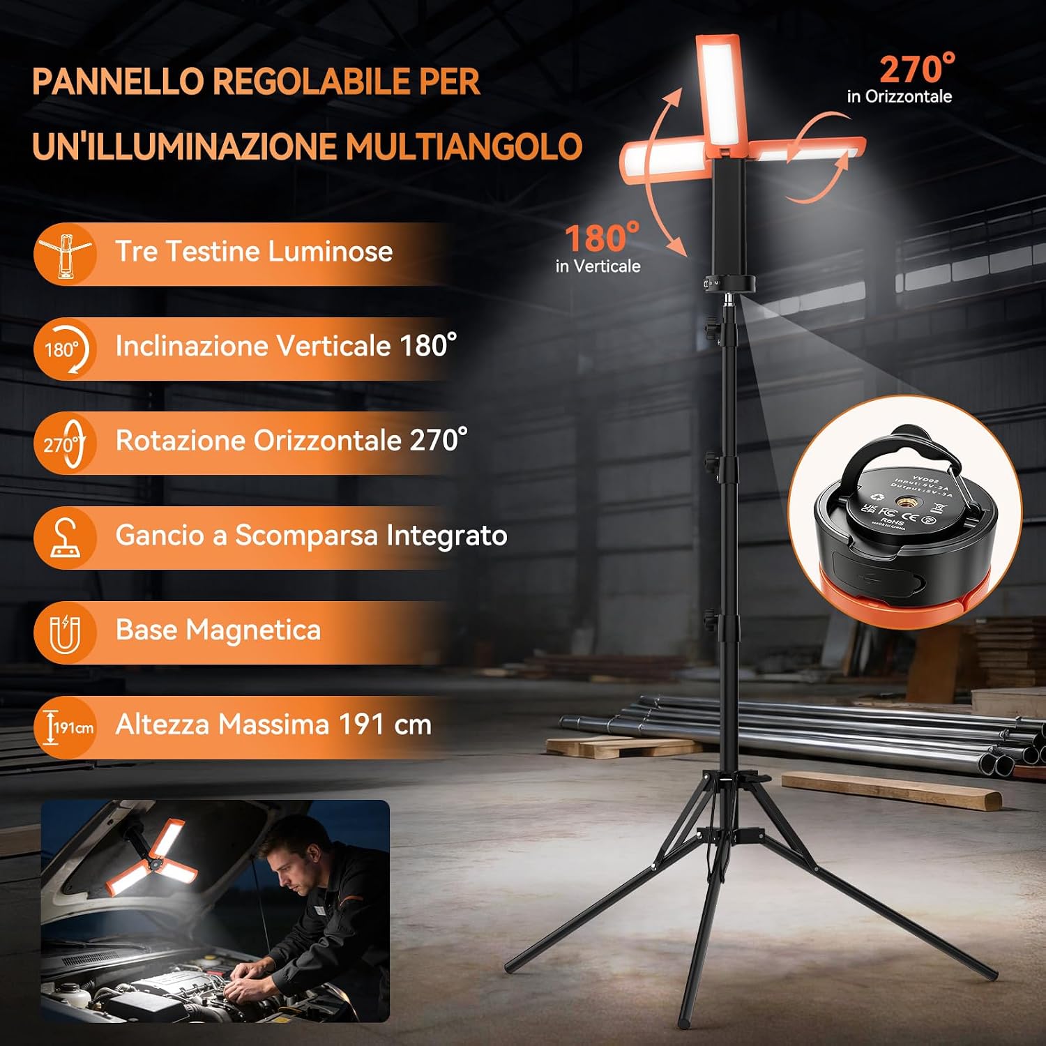 Detalle de Lampada da campeggio ricaricabile con treppiede e 12000 mAh – 6000 lm, 3 colori di luce, IP65