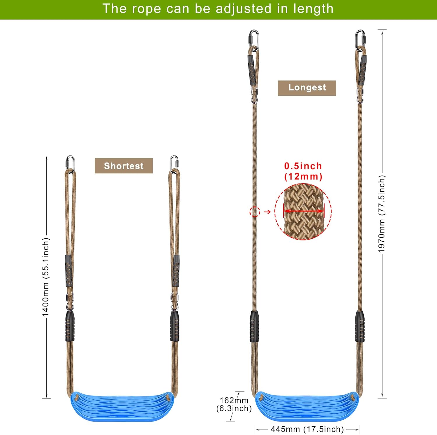 Detalle de BeneLabel Swing Seat for Kids and Teens: Water Ripple Hard Plastic Swing with Adjustable Rope