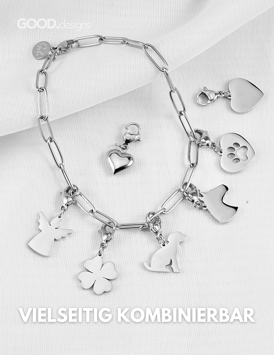 Detalle de GD GOOD.designs Charms Anhänger mit Karabiner-Verschluss – 316L Edelstahl, Silber oder 18K-Vergoldung