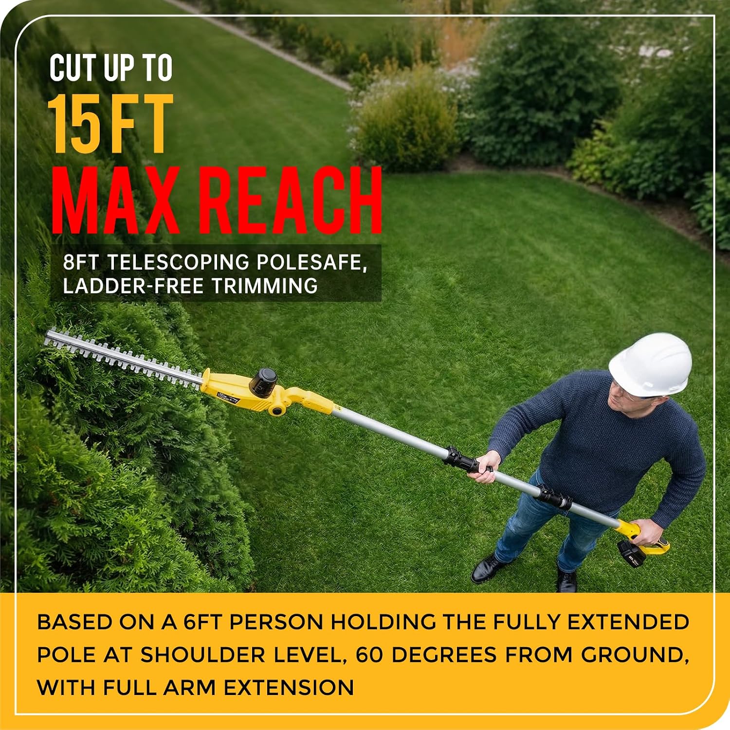 Detalle de YDLawn 2503 20V Cordless Pole Hedge Trimmer, 15-Ft Reach, 22-Inch Blades
