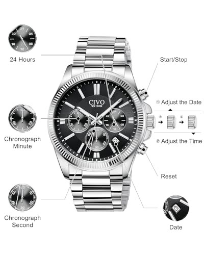 Thumbnail 4 de CIVO Watches Men Stainless Steel Silver Chronograph – Quartz, 41mm Dial, 3ATM Water Resistant