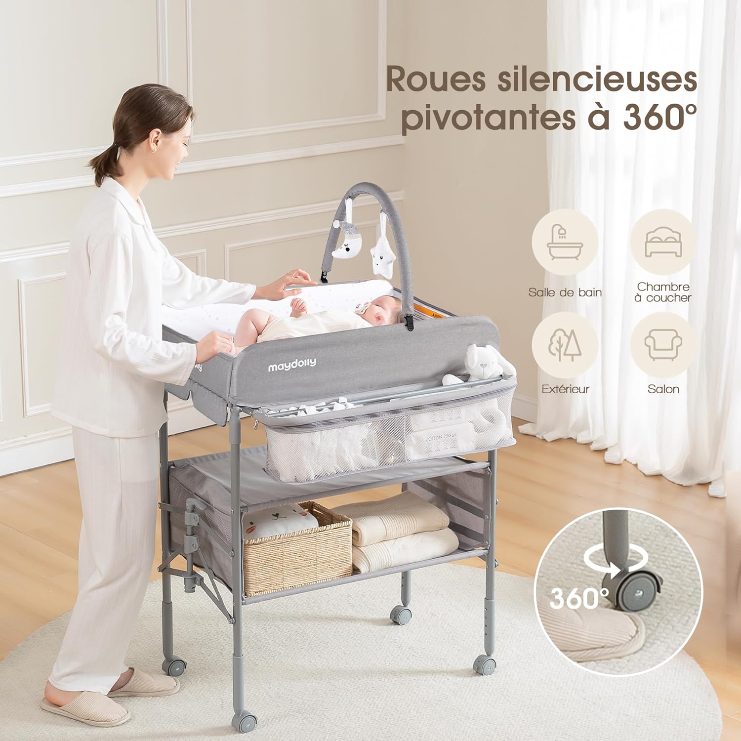 Thumbnail 1 de Maydolly Table à langer bébé pliante avec roulettes et hauteur réglable (gris)