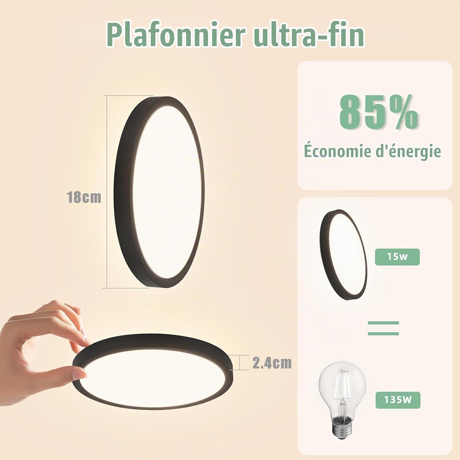 Detalle 2 de cupgow 18HMD-4K-DE led-plafondlamp, zwart, 18 cm, 15 W, 4000 K