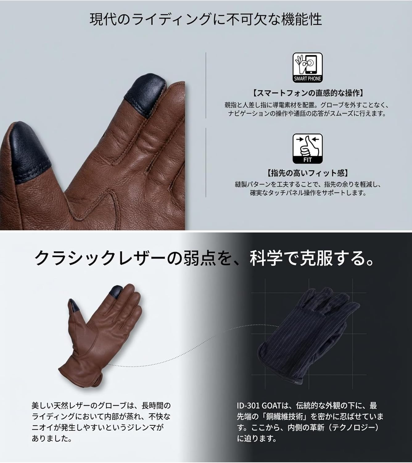 Detalle 1 de 山城 Ideal ID-301 GOAT バイク用レザーグローブ ゴートレザー・NEOCOTインナー・スマホ対応 2XL