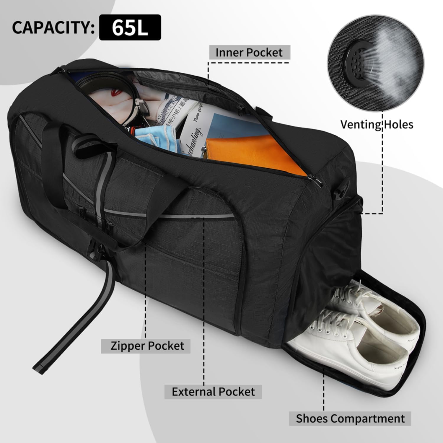 Detalle 2 de Lubardy Borsone da Viaggio Grande 65L/80L/100L Pieghevole, Impermeabile, Leggero e Versatile con Scomparti per Scarpe