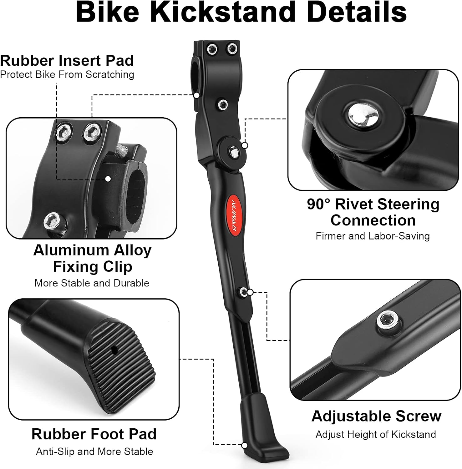 Detalle de NUWAB Premium Bike Kickstand: Aluminium Alloy Adjustable Rear Stand for 24–28 Inch Bikes