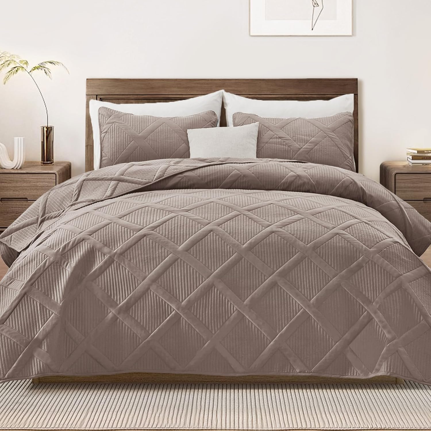 Detalle de Exclusivo Mezcla QS-12-QTP 3-Piece Quilt Set, Taupe Microfiber, Geometric Pattern
