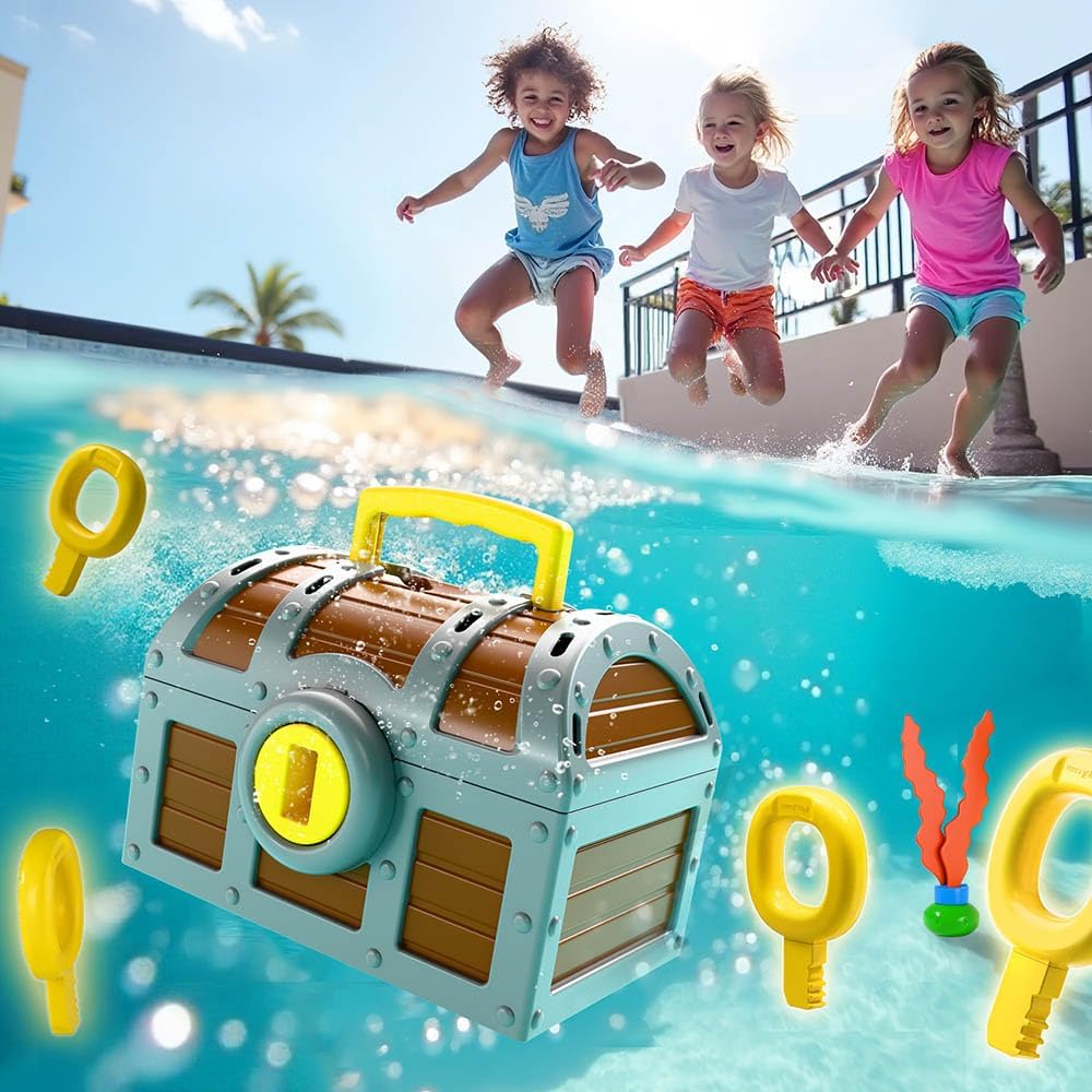 Detalle 2 de Funscape Kids Diving Pool Toy: Large Treasure Chest with Keys, Gems, and Fish