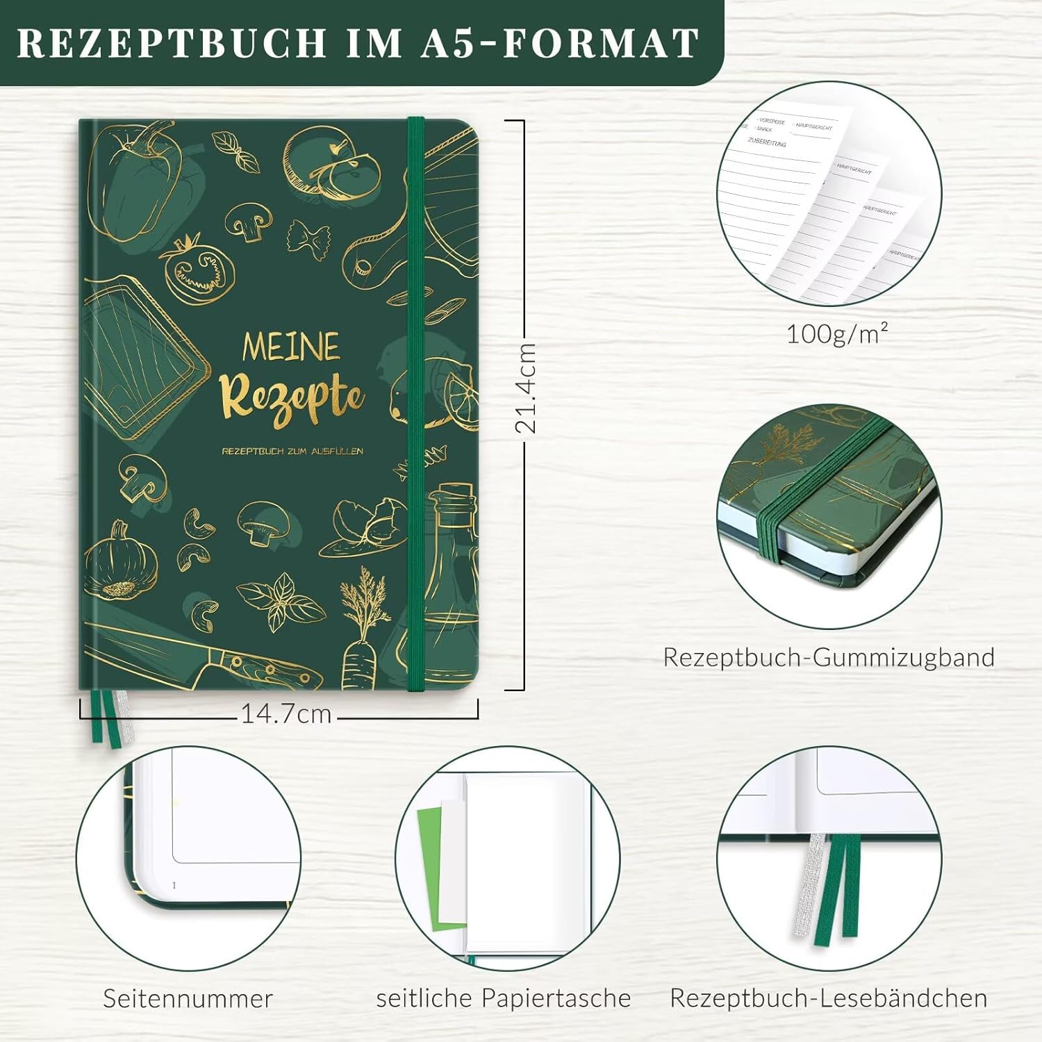 Detalle de AITBOLFIT Rezeptbuch zum Selberschreiben A5 mit Platz für 150 Rezepte (Tiefgrün)