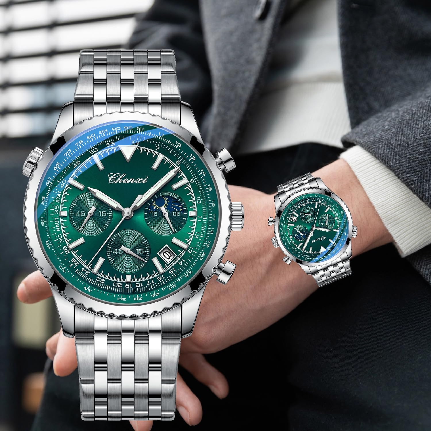 Detalle 2 de Tiong Herren Business Chronograph – Edelstahl & Lederarmband mit Mondphase, Sechshänder, wasserdicht und Leuchtziffern
