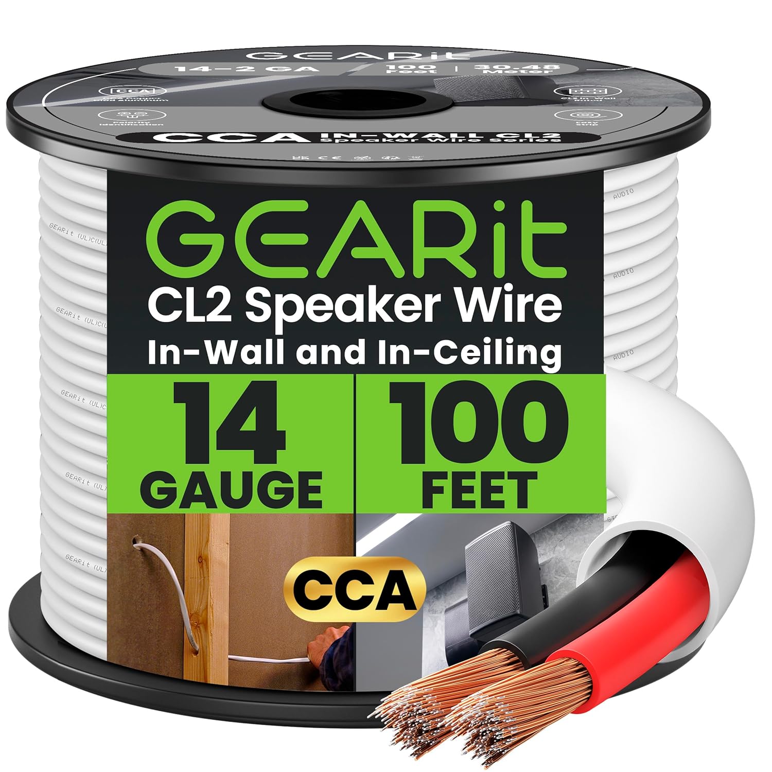 Detalle de GEARit 2x2.5mm² In-Wall Speaker Cable – 30.48 m / 100 ft, CL2 Rated, UL Listed, White