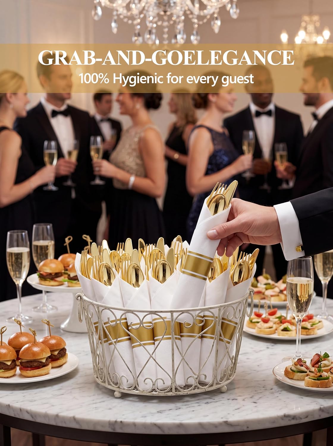 Detalle 2 de Supernal 60 Pack Pre Rolled Napkins with Gold Plastic Silverware – Elegant Disposable Wrapped Cutlery Set for Weddings and Catering