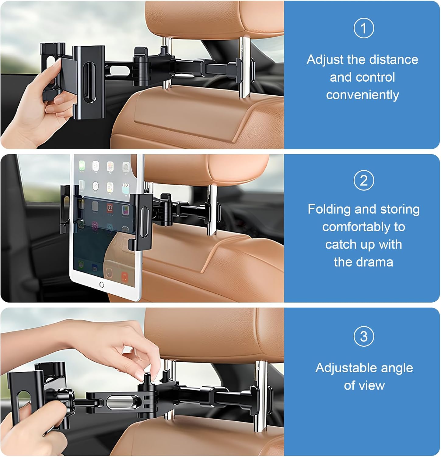 Detalle 2 de Marjoramy Car Headrest Tablet Holder with 360° Swivel Mount (Universal 4.7–12.9" tablet size)