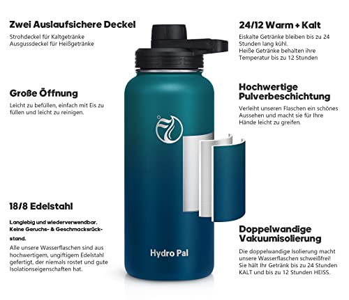 Detalle 2 de HydroPal Edelstahl-Isolierflasche 1 l mit Strohhalm und zwei Deckeln