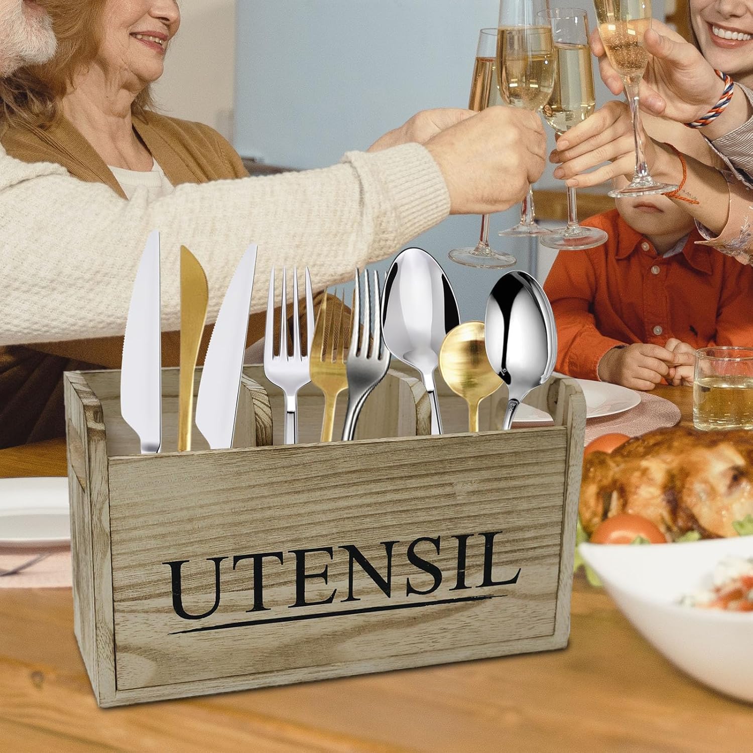 Detalle de Gzsekken Rustic Kitchen Utensil Holder (Large, 3 Compartments) with Drainage Bottom, Brown