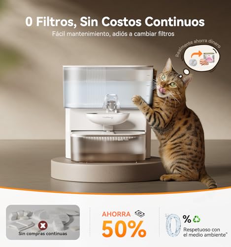 Detalle de FEELNEEDY Fuente para Gatos Sin Filtro e Inalámbrica con Batería 2000mAh, 3,5L, Acero Inoxidable