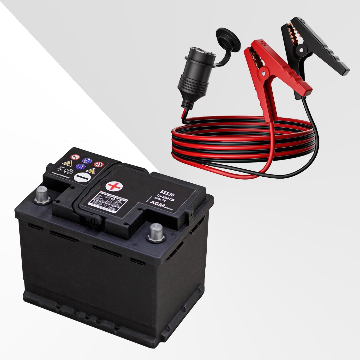 Detalle de RGBer® Zigarettenanzünder Steckdose – 12V Steckdose mit Batterieklemmen für Auto, Wohnmobil, Boot
