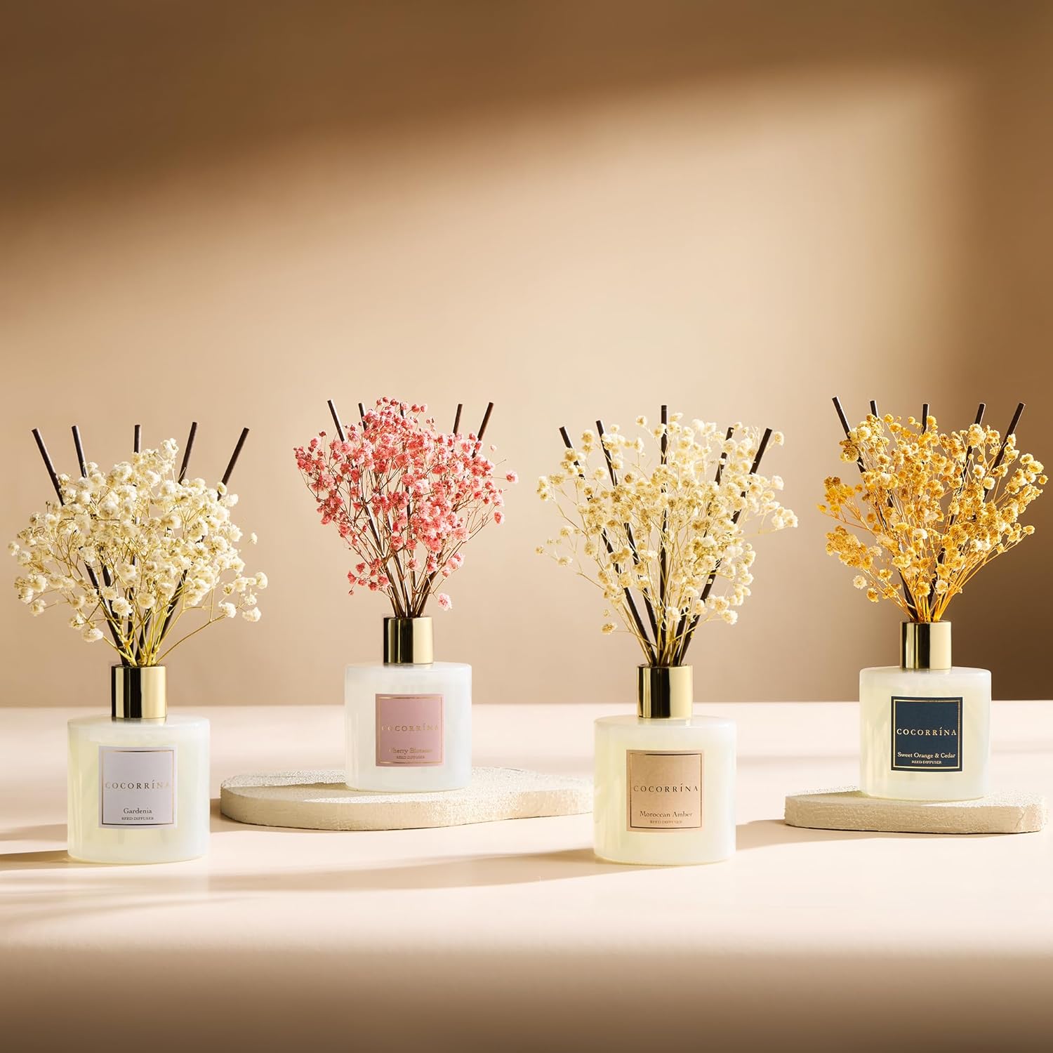Detalle 2 de COCORRÍNA Cherry Blossom Reed Diffuser – 6.7 Fl oz Set with Sticks & Preserved Baby's Breath