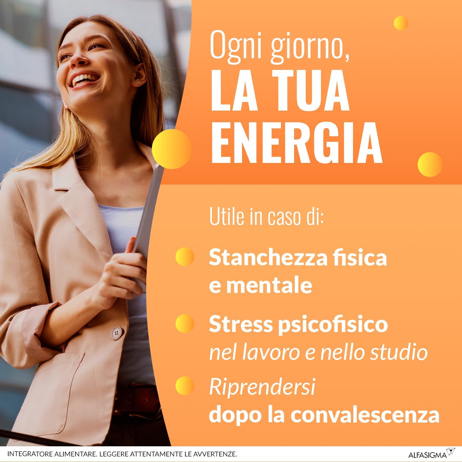 Detalle de Carnidyn Plus: integratore in bustine per energia e concentrazione, gusto arancia