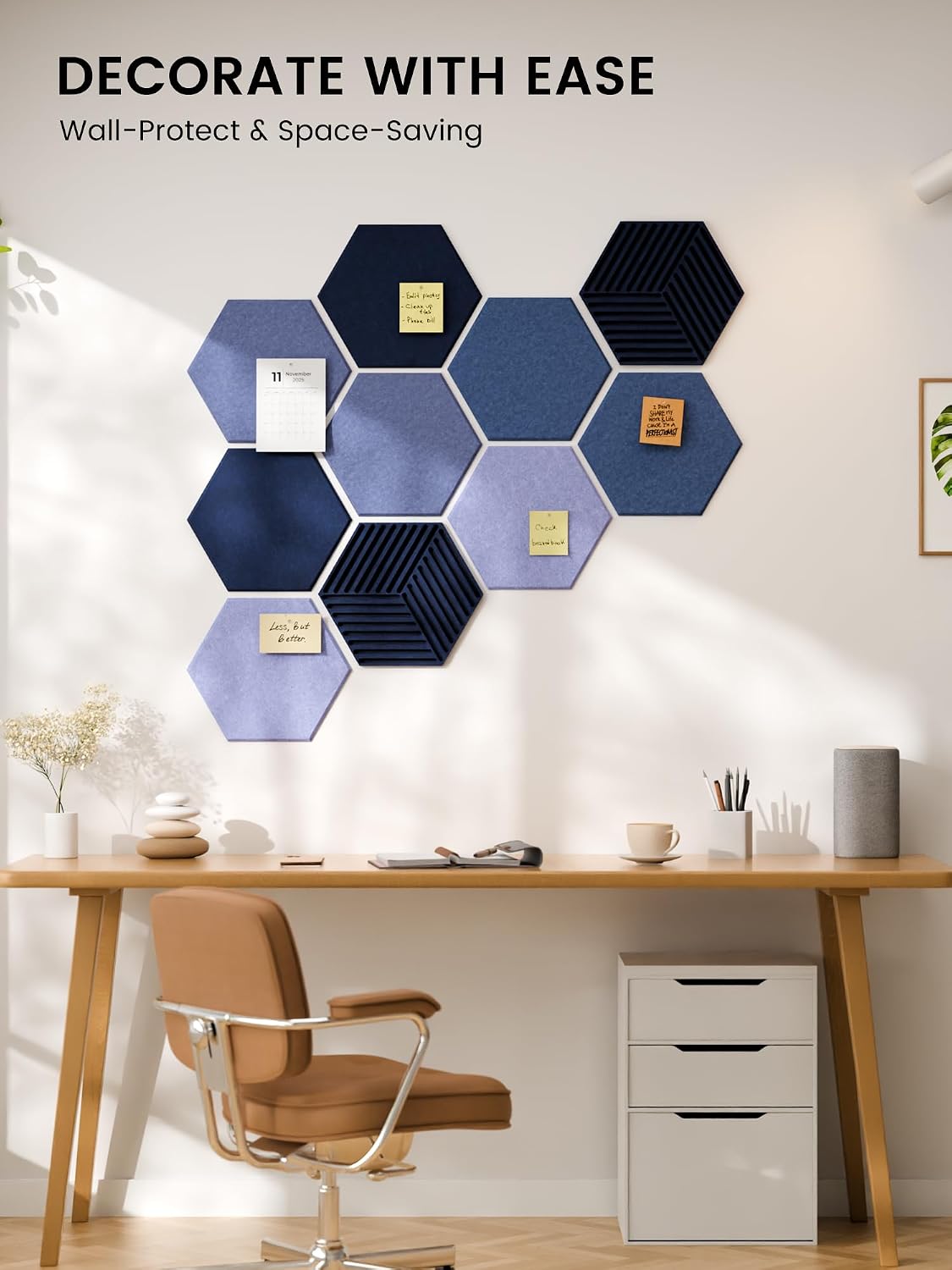 Detalle 2 de Fluxynara 10-Pack Hexagon Felt Bulletin Boards, Denim Mist, 50 Adhesive Tabs
