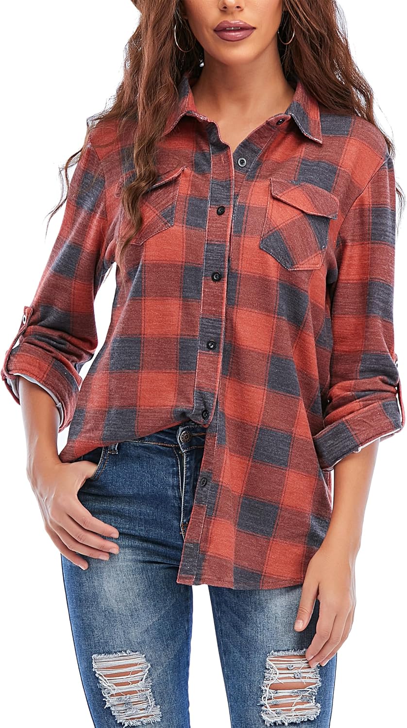 Detalle de Timuspo geruite flanellen hemdblouse voor dames met knoopsluiting en V-hals