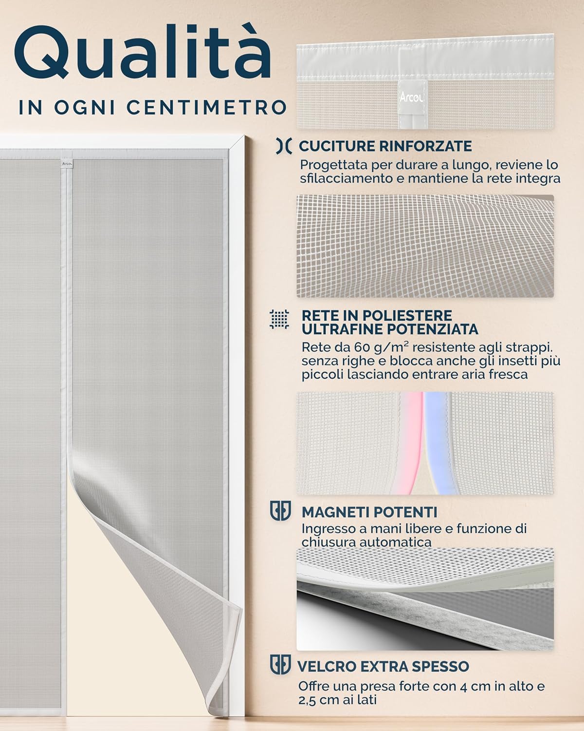 Detalle de ARCOL Zanzariera Magnetica per Porta - Zanzariera Porta Finestra Larghezza Regolabile (155x250 cm) - Bianco