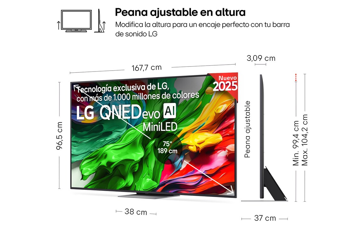 Detalle de LG QNED87 75" 4K QNED evo 2025 con barra y soporte