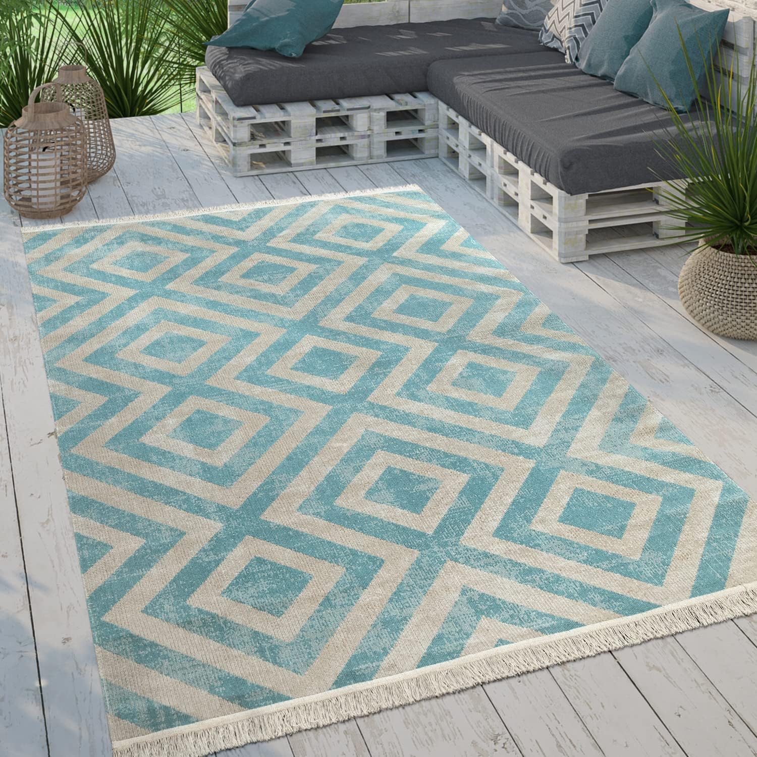 Detalle 2 de Paco Home Moderner Outdoor Teppich Grau-Weiß 60x100 cm – Geometrisches Rauten-Muster, Wetterfest & Pflegeleicht