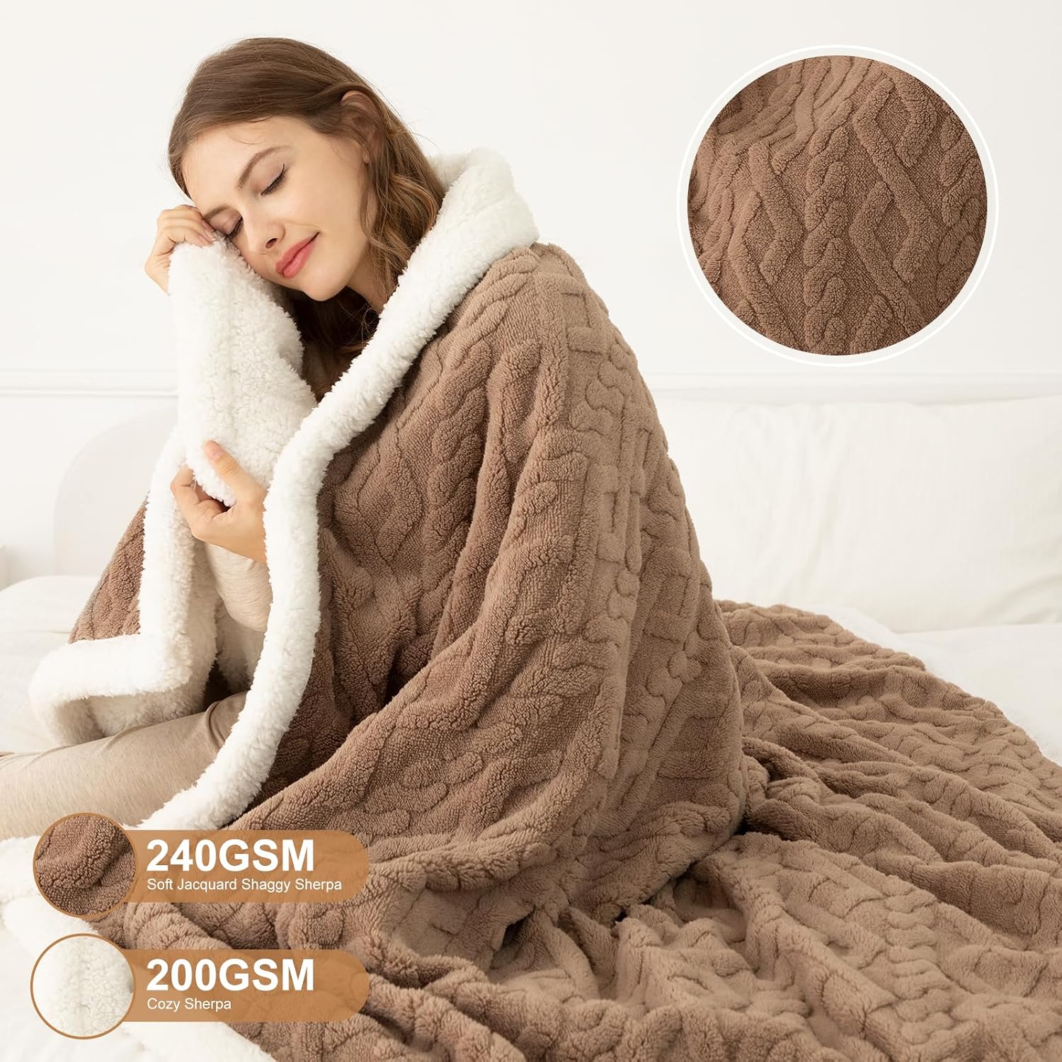 Detalle 2 de LUZARTA Full Size Heated Blanket, 72" x 84", Brown Sherpa, 6 Heat Settings