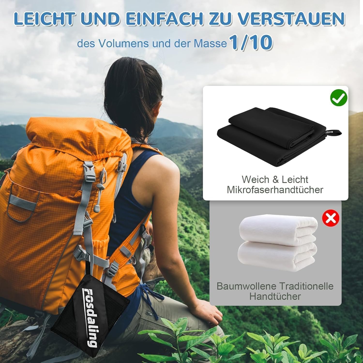 Detalle de Fosdaling Mikrofaser Handtuch 3er-Set (200×100 cm + 2× 80×40 cm) – schnelltrocknendes Sporthandtuch mit Aufbewahrungsbeutel