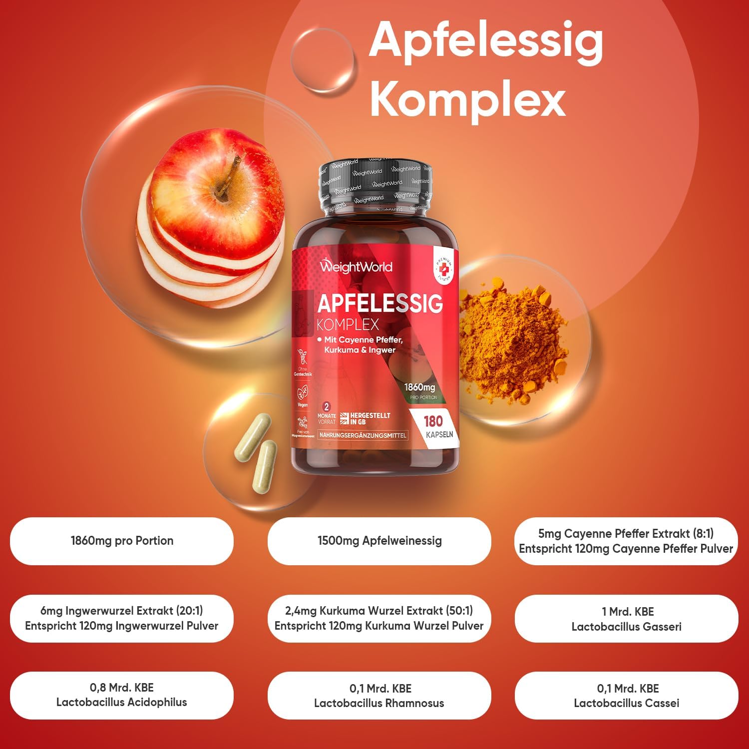 Thumbnail 1 de WeightWorld Apfelessig Kapseln mit 1860 mg Apfelwein-Essig-Komplex (180 Kapseln)