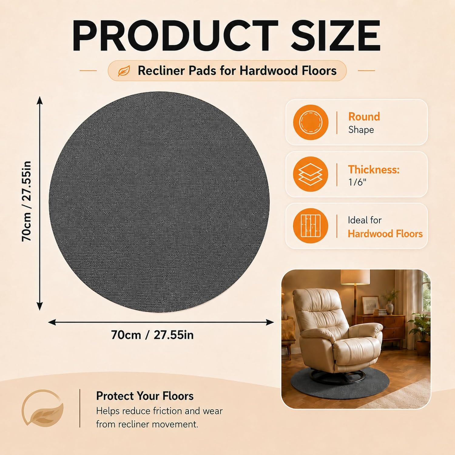 Detalle 2 de Rotayi Round Recliner Floor Pad, 27.5 x 27.5 in., Non-Slip TPR Backing