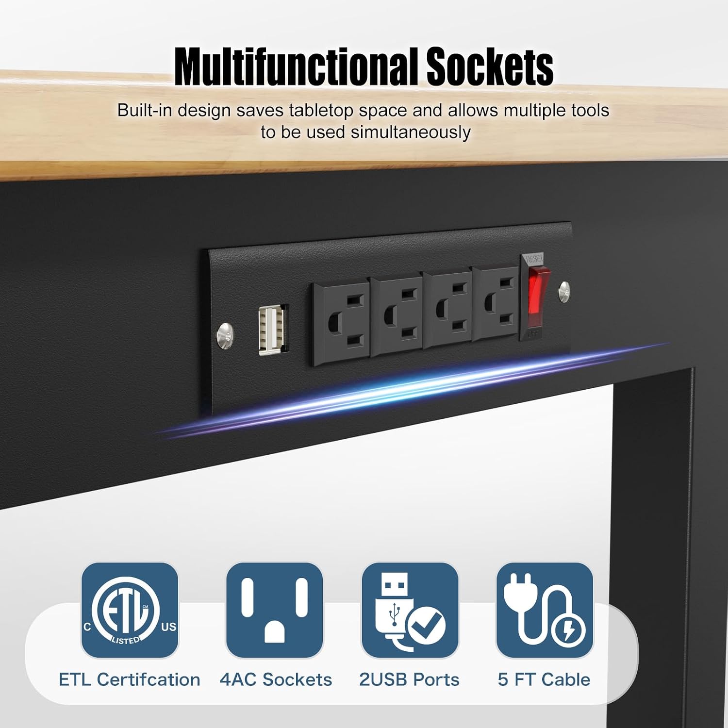 Thumbnail 4 de Maemttes WorkBench 48-Inch Adjustable Wood Workbench with Drawers and Power Strip