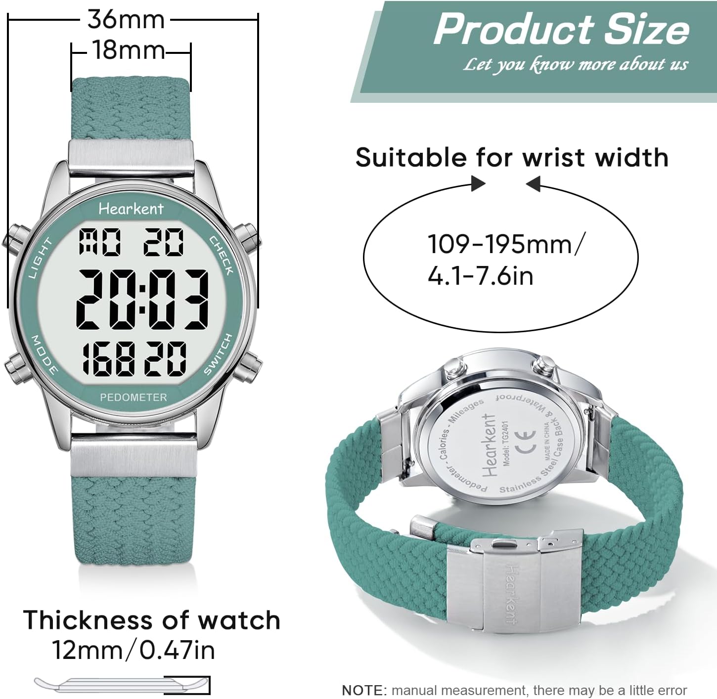Detalle 2 de Hearkent Women Pedometer Watch with Step Counter, 30M Waterproof EL Backlight & No-App Tracking