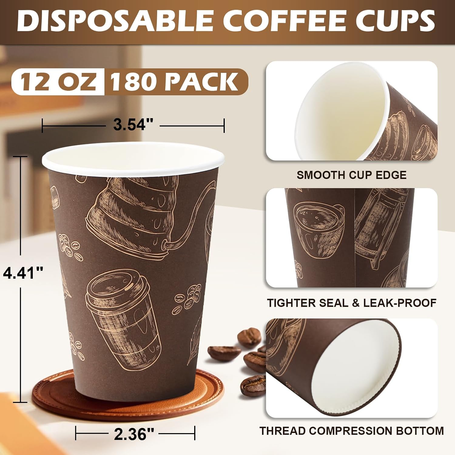 Detalle 2 de Huifany 12 oz Paper Coffee Cups (180 Pack) – Thickened, Leak-Proof, BPA-Free for Hot & Cold Beverages