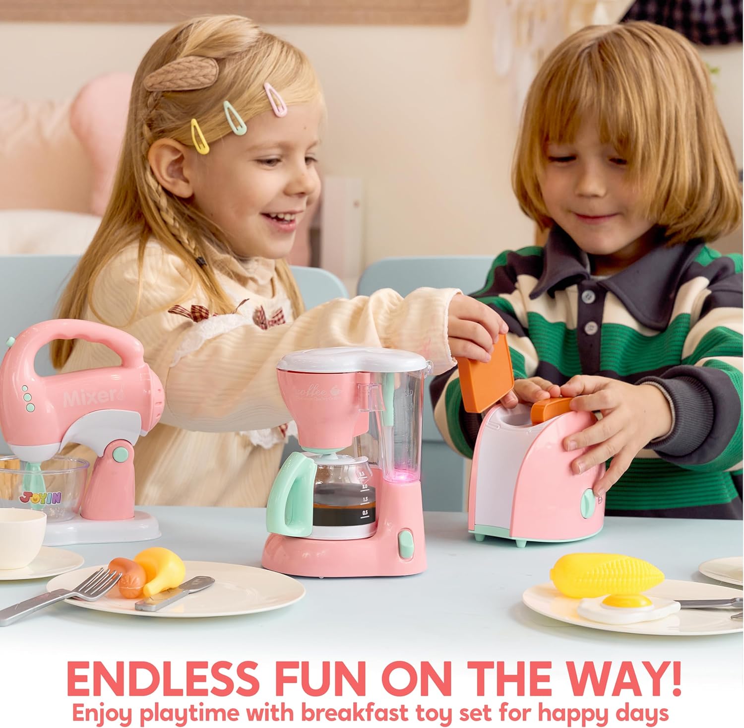 Detalle de JOYIN Educational Kitchen Toy Set for Kids – Pink Role Play Appliances with Coffee Maker, Toaster & Blender