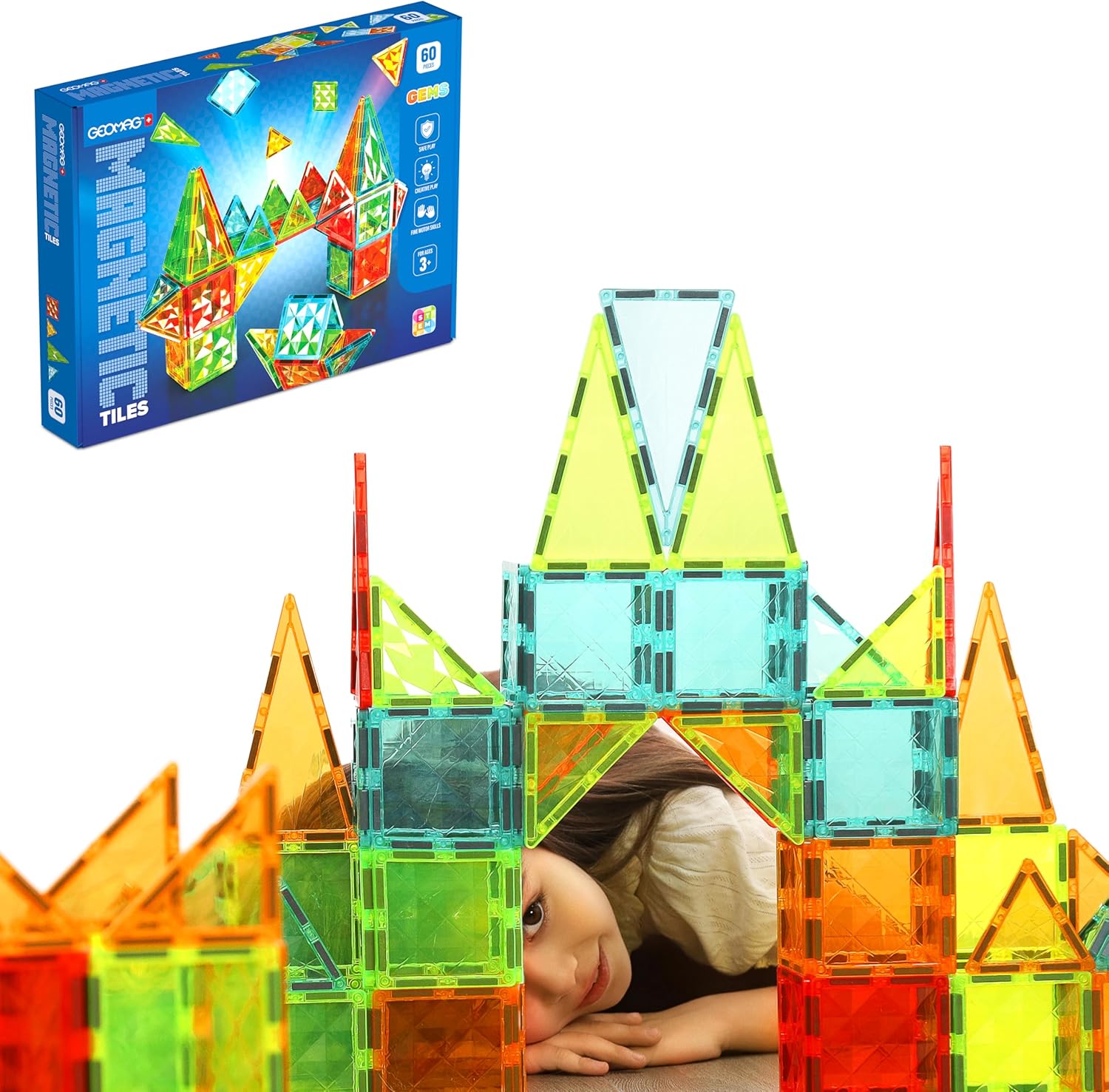 Geomag Magnetic Tiles Gems 60 : 60 cartes magnétiques pour construire et stimuler la créativité
