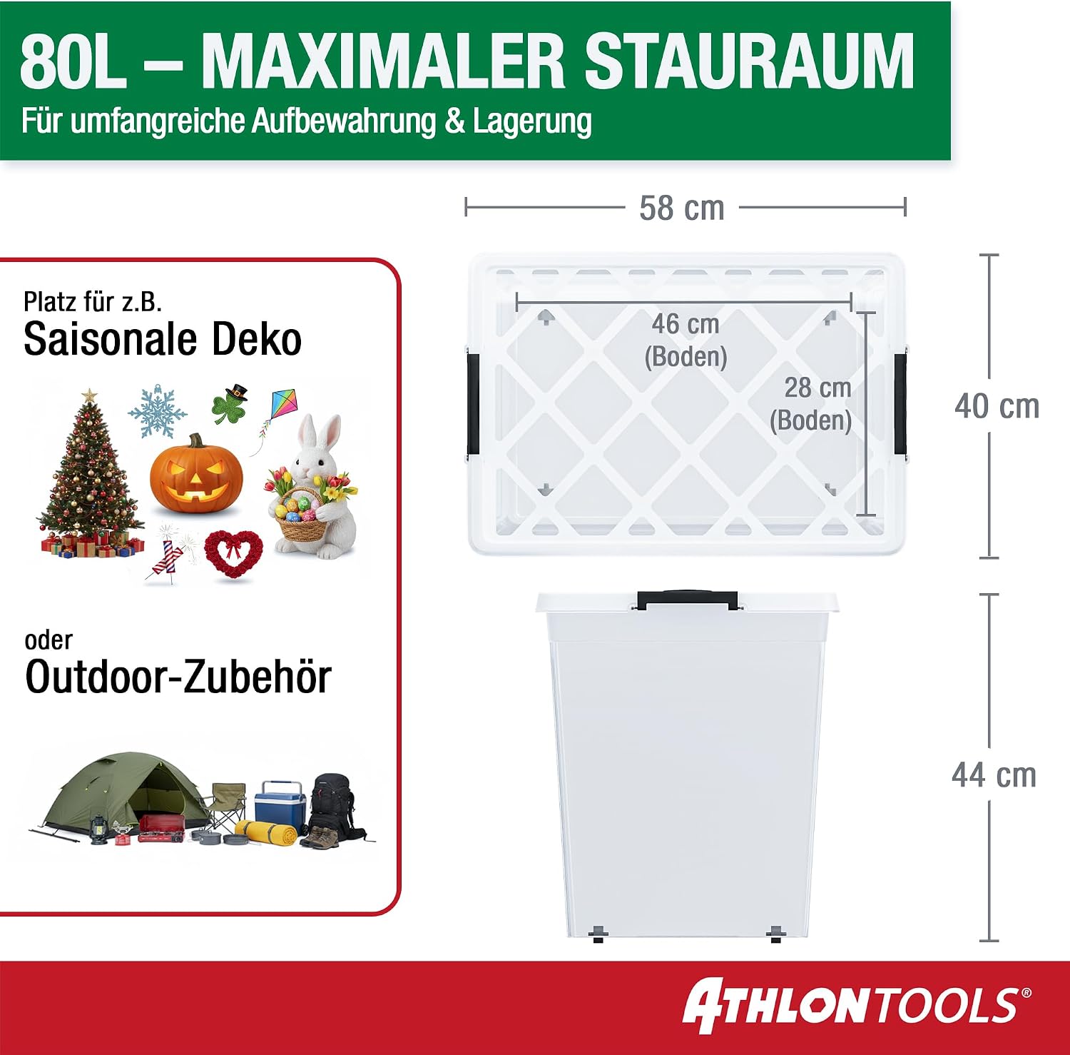 Detalle 2 de ATHLON TOOLS 4x 80 L Aufbewahrungsboxen mit Deckel (transparent, stapelbar, lebensmittelecht)