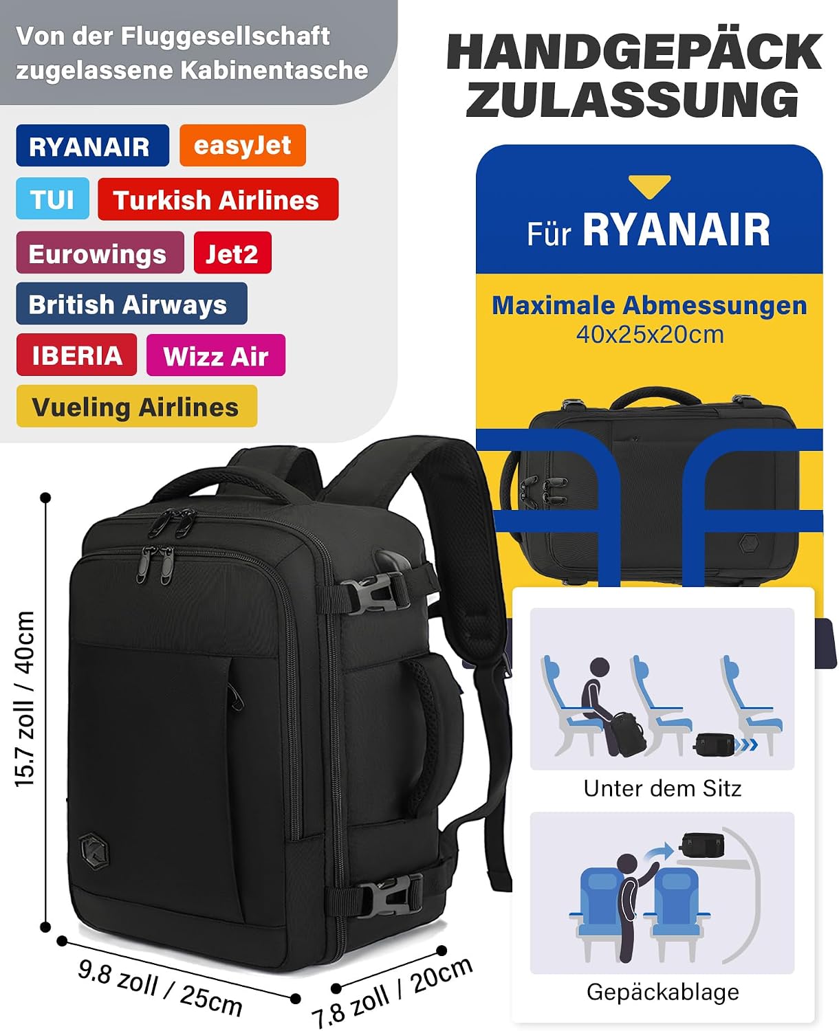 Thumbnail 2 de VANKEV Ryanair Handgepäck 40x20x25 Rucksack