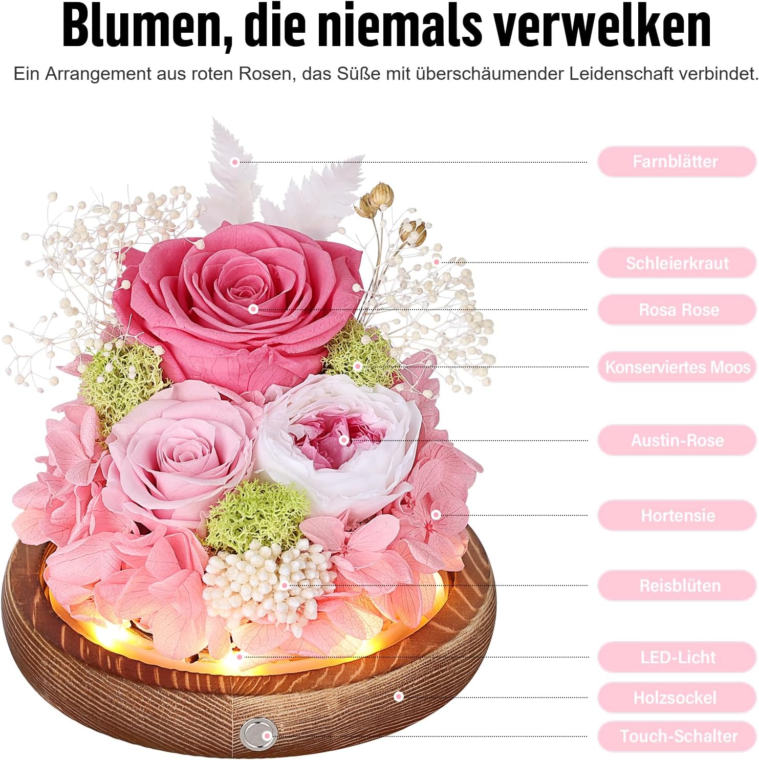 Thumbnail 6 de Ewige Rose im Glas mit LED-Licht – Infinity Rose in Glaskuppel