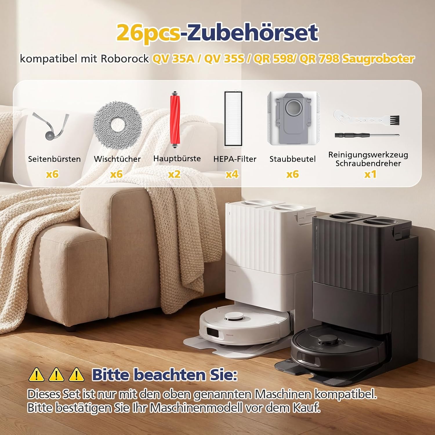 Thumbnail 1 de 26-teiliges QV 35A Zubehör-Set für Roborock QV 35A/QV 35S (inkl. Hauptbürste, Wischpads, HEPA-Filter, Seitenbürsten)