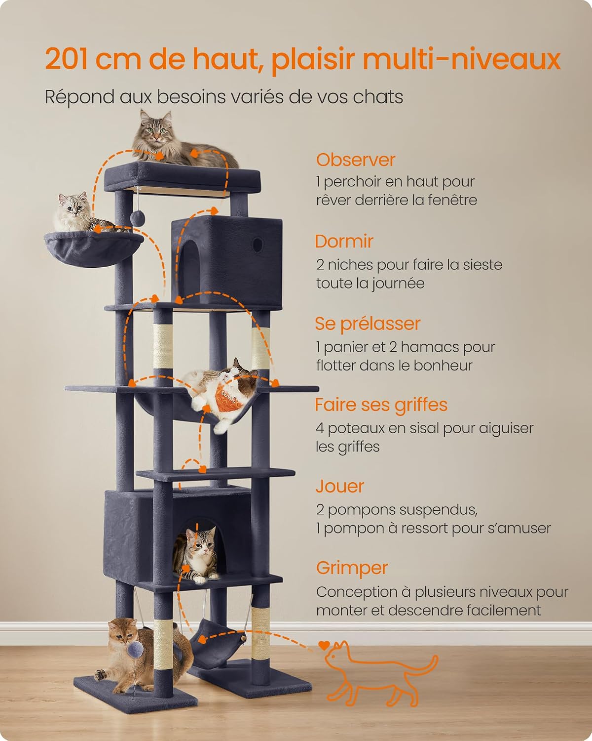 Detalle de Feandrea Arbre à Chat 201 cm – Tour XXL, multi-niveaux, gris foncé (PCT195G02)