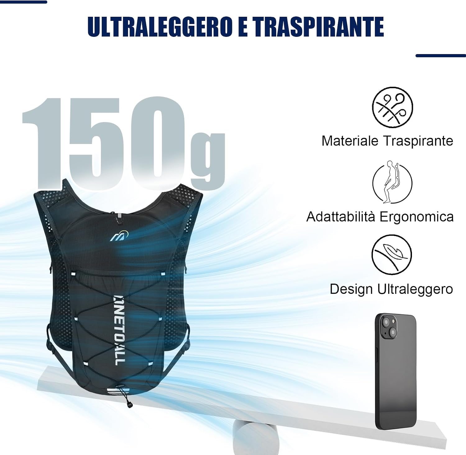 Detalle de ONETOALL Zaino Trail Running: Gilet Running con borraccia 500 ml e sacca idrica 2L, ultraleggero 150 g